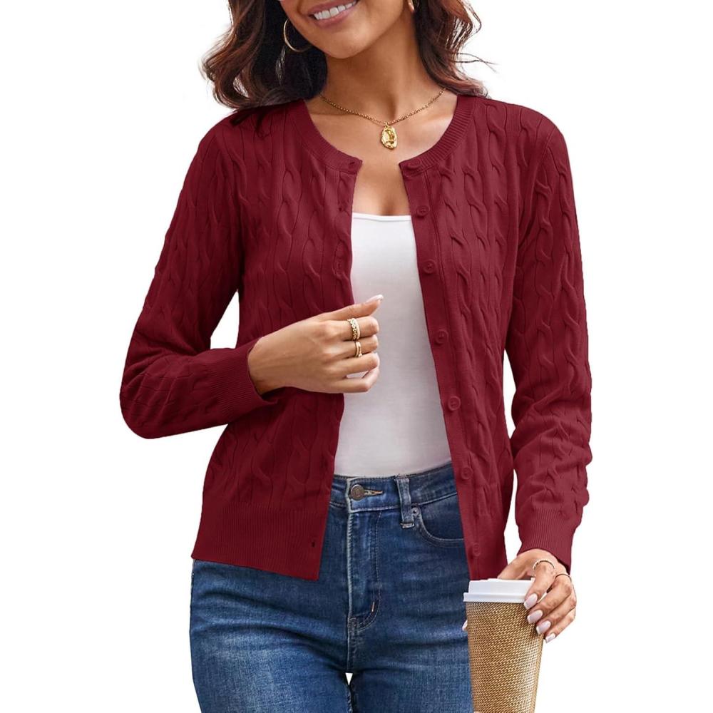 imageGRACE KARIN Womens Long Sleeve Button Up Cable Knit Cardigan Lightweight 2026 Crewneck Button Down Sweaters for WomenWine Red
