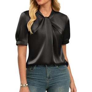 GRACE KARIN Dressy Tops for Women,Short Sleeve Satin Blouse,Business Casual Office Top(Black)