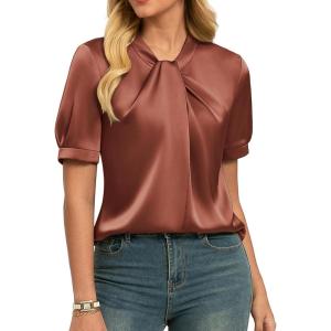 GRACE KARIN Dressy Tops for Women,Short Sleeve Satin Blouse,Business Casual Office Top(Brown)