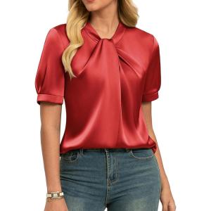 GRACE KARIN Dressy Tops for Women,Short Sleeve Satin Blouse,Business Casual Office Top(Burgundy)