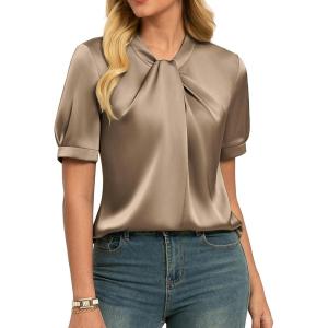GRACE KARIN Dressy Tops for Women,Short Sleeve Satin Blouse,Business Casual Office Top(Khaki)