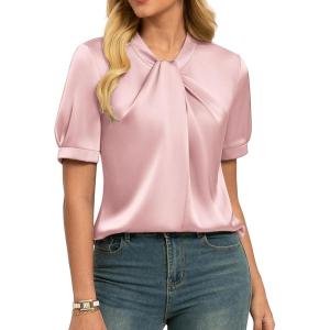 GRACE KARIN Dressy Tops for Women,Short Sleeve Satin Blouse,Business Casual Office Top(Light Pink)
