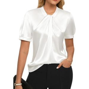 GRACE KARIN Dressy Tops for Women,Short Sleeve Satin Blouse,Business Casual Office Top(White)