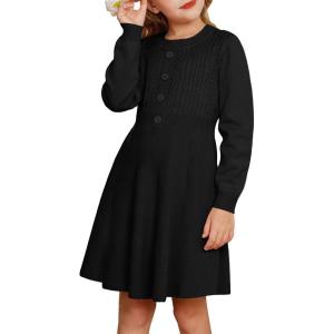 GRACE KARIN Girl Dress Long Sleeve Sweater Ruffle Button Front Knit Casual Fall Winter Dresses for Girls 5-12(Black)