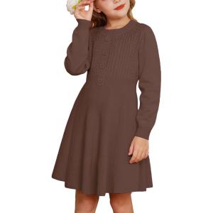 GRACE KARIN Girl Dress Long Sleeve Sweater Ruffle Button Front Knit Casual Fall Winter Dresses for Girls 5-12(Brown)