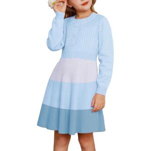 GRACE KARIN Girl Dress Long Sleeve Sweater Ruffle Button Front Knit Casual Fall Winter Dresses for Girls 5-12(Color Block-blue)