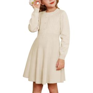 GRACE KARIN Girl Dress Long Sleeve Sweater Ruffle Button Front Knit Casual Fall Winter Dresses for Girls 5-12(Cream)