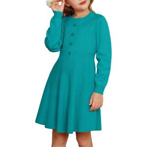 GRACE KARIN Girl Dress Long Sleeve Sweater Ruffle Button Front Knit Casual Fall Winter Dresses for Girls 5-12(Diamond Green)