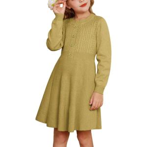GRACE KARIN Girl Dress Long Sleeve Sweater Ruffle Button Front Knit Casual Fall Winter Dresses for Girls 5-12(Grass Yellow)