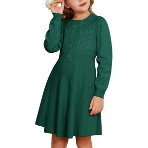 GRACE KARIN Girl Dress Long Sleeve Sweater Ruffle Button Front Knit Casual Fall Winter Dresses for Girls 5-12(Green)