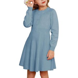 GRACE KARIN Girl Dress Long Sleeve Sweater Ruffle Button Front Knit Casual Fall Winter Dresses for Girls 5-12(Haze Blue)