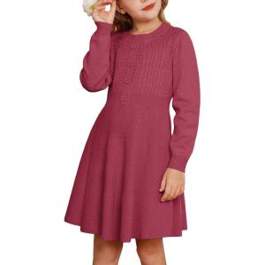 GRACE KARIN Girl Dress Long Sleeve Sweater Ruffle Button Front Knit Casual Fall Winter Dresses for Girls 5-12(Hot Pink)