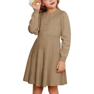 GRACE KARIN Girl Dress Long Sleeve Sweater Ruffle Button Front Knit Casual Fall Winter Dresses for Girls 5-12(Khaki)