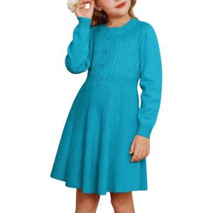 GRACE KARIN Girl Dress Long Sleeve Sweater Ruffle Button Front Knit Casual Fall Winter Dresses for Girls 5-12(Lake Blue)