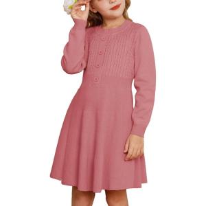 GRACE KARIN Girl Dress Long Sleeve Sweater Ruffle Button Front Knit Casual Fall Winter Dresses for Girls 5-12(Medium Pink)