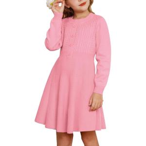 GRACE KARIN Girl Dress Long Sleeve Sweater Ruffle Button Front Knit Casual Fall Winter Dresses for Girls 5-12(Peach Pink)