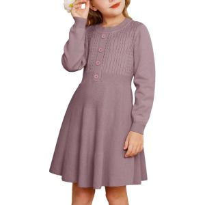 GRACE KARIN Girl Dress Long Sleeve Sweater Ruffle Button Front Knit Casual Fall Winter Dresses for Girls 5-12(Purple)