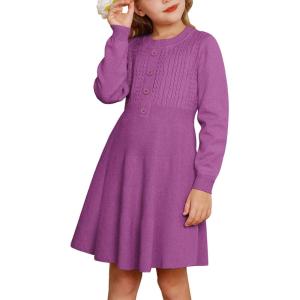 GRACE KARIN Girl Dress Long Sleeve Sweater Ruffle Button Front Knit Casual Fall Winter Dresses for Girls 5-12(Purple Red)