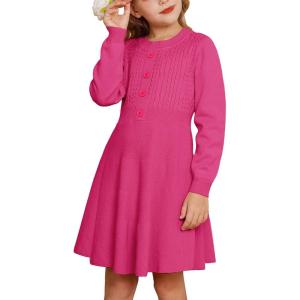 GRACE KARIN Girl Dress Long Sleeve Sweater Ruffle Button Front Knit Casual Fall Winter Dresses for Girls 5-12(Rose Red)