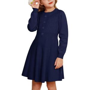 GRACE KARIN Girl Dress Long Sleeve Sweater Ruffle Button Front Knit Casual Fall Winter Dresses for Girls 5-12(Royal Blue)