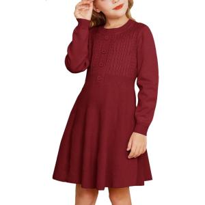 GRACE KARIN Girl Dress Long Sleeve Sweater Ruffle Button Front Knit Casual Fall Winter Dresses for Girls 5-12(Wine Red)