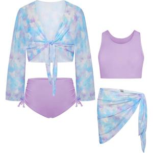 GRACE KARIN Girls Bathing Suit Adjustable Taniki Swimsuit Tie Front 4 Piece Bikini Set with Kimono Cover Up 6-14(Blooming Butterfly)