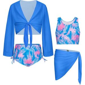 GRACE KARIN Girls Bathing Suit Adjustable Taniki Swimsuit Tie Front 4 Piece Bikini Set with Kimono Cover Up 6-14(Blue-coconut)