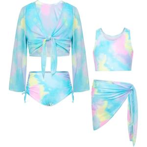 GRACE KARIN Girls Bathing Suit Adjustable Taniki Swimsuit Tie Front 4 Piece Bikini Set with Kimono Cover Up 6-14(Blue-green)