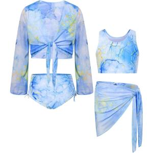 GRACE KARIN Girls Bathing Suit Adjustable Taniki Swimsuit Tie Front 4 Piece Bikini Set with Kimono Cover Up 6-14(Blue-purple)