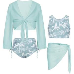 GRACE KARIN Girls Bathing Suit Adjustable Taniki Swimsuit Tie Front 4 Piece Bikini Set with Kimono Cover Up 6-14(Green Blue-coconut Tree)