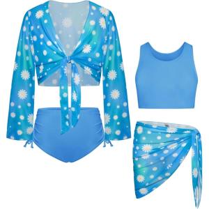 GRACE KARIN Girls Bathing Suit Adjustable Taniki Swimsuit Tie Front 4 Piece Bikini Set with Kimono Cover Up 6-14(Green Blue-daisy)
