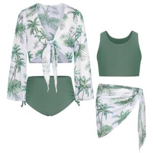 GRACE KARIN Girls Bathing Suit Adjustable Taniki Swimsuit Tie Front 4 Piece Bikini Set with Kimono Cover Up 6-14(Green-coconut)