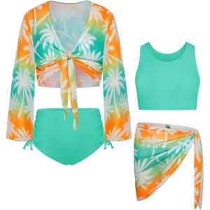 GRACE KARIN Girls Bathing Suit Adjustable Taniki Swimsuit Tie Front 4 Piece Bikini Set with Kimono Cover Up 6-14(Green-coconut Tree)