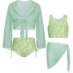 GRACE KARIN Girls Bathing Suit Adjustable Taniki Swimsuit Tie Front 4 Piece Bikini Set with Kimono Cover Up 6-14(Green-daisy)