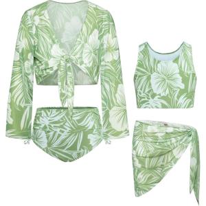 GRACE KARIN Girls Bathing Suit Adjustable Taniki Swimsuit Tie Front 4 Piece Bikini Set with Kimono Cover Up 6-14(Green-white)