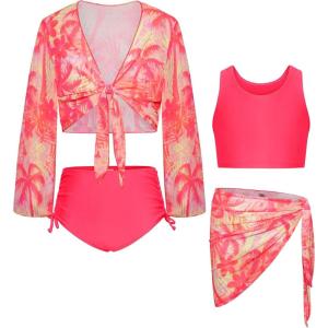 GRACE KARIN Girls Bathing Suit Adjustable Taniki Swimsuit Tie Front 4 Piece Bikini Set with Kimono Cover Up 6-14(Hot Pink-coconut)