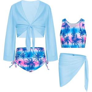 GRACE KARIN Girls Bathing Suit Adjustable Taniki Swimsuit Tie Front 4 Piece Bikini Set with Kimono Cover Up 6-14(Light Blue-coconut)