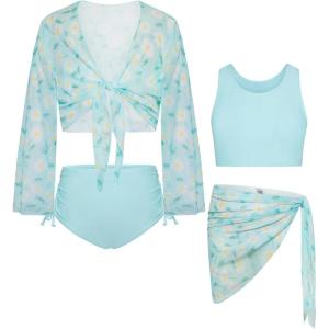 GRACE KARIN Girls Bathing Suit Adjustable Taniki Swimsuit Tie Front 4 Piece Bikini Set with Kimono Cover Up 6-14(Light Blue-daisy)
