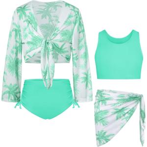 GRACE KARIN Girls Bathing Suit Adjustable Taniki Swimsuit Tie Front 4 Piece Bikini Set with Kimono Cover Up 6-14(Light Green)
