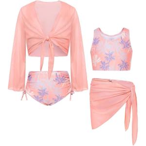 GRACE KARIN Girls Bathing Suit Adjustable Taniki Swimsuit Tie Front 4 Piece Bikini Set with Kimono Cover Up 6-14(Light Pink)