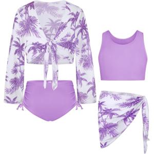 GRACE KARIN Girls Bathing Suit Adjustable Taniki Swimsuit Tie Front 4 Piece Bikini Set with Kimono Cover Up 6-14(Light Pink New)