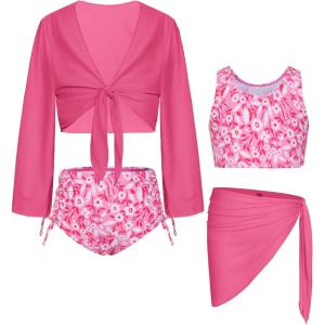 GRACE KARIN Girls Bathing Suit Adjustable Taniki Swimsuit Tie Front 4 Piece Bikini Set with Kimono Cover Up 6-14(Pink White Floral)