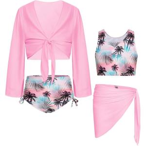 GRACE KARIN Girls Bathing Suit Adjustable Taniki Swimsuit Tie Front 4 Piece Bikini Set with Kimono Cover Up 6-14(Pink-coconut)