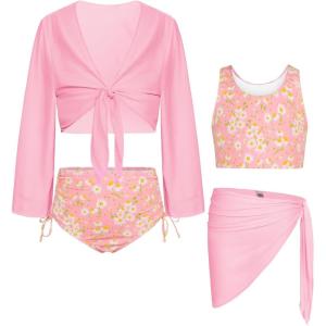 GRACE KARIN Girls Bathing Suit Adjustable Taniki Swimsuit Tie Front 4 Piece Bikini Set with Kimono Cover Up 6-14(Pink-daisy)