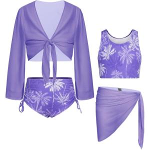 GRACE KARIN Girls Bathing Suit Adjustable Taniki Swimsuit Tie Front 4 Piece Bikini Set with Kimono Cover Up 6-14(Purple-coconut)