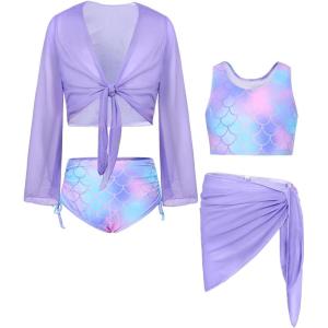 GRACE KARIN Girls Bathing Suit Adjustable Taniki Swimsuit Tie Front 4 Piece Bikini Set with Kimono Cover Up 6-14(Purple-mermaid)