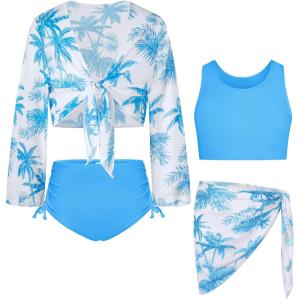 GRACE KARIN Girls Bathing Suit Adjustable Taniki Swimsuit Tie Front 4 Piece Bikini Set with Kimono Cover Up 6-14(Sky Blue)