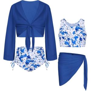 GRACE KARIN Girls Bathing Suit Adjustable Taniki Swimsuit Tie Front 4 Piece Bikini Set with Kimono Cover Up 6-14(White Blue Floral)