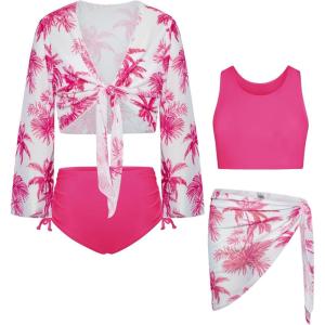 GRACE KARIN Girls Bathing Suit Adjustable Taniki Swimsuit Tie Front 4 Piece Bikini Set with Kimono Cover Up 6-14(White-hot Pink)