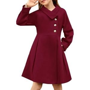 GRACE KARIN Girls Dress Coat Kids Wool Lapel Long Button Jackets Fall Winter Outerwear Peacoat with Pockets 5-12Y(Burgundy)